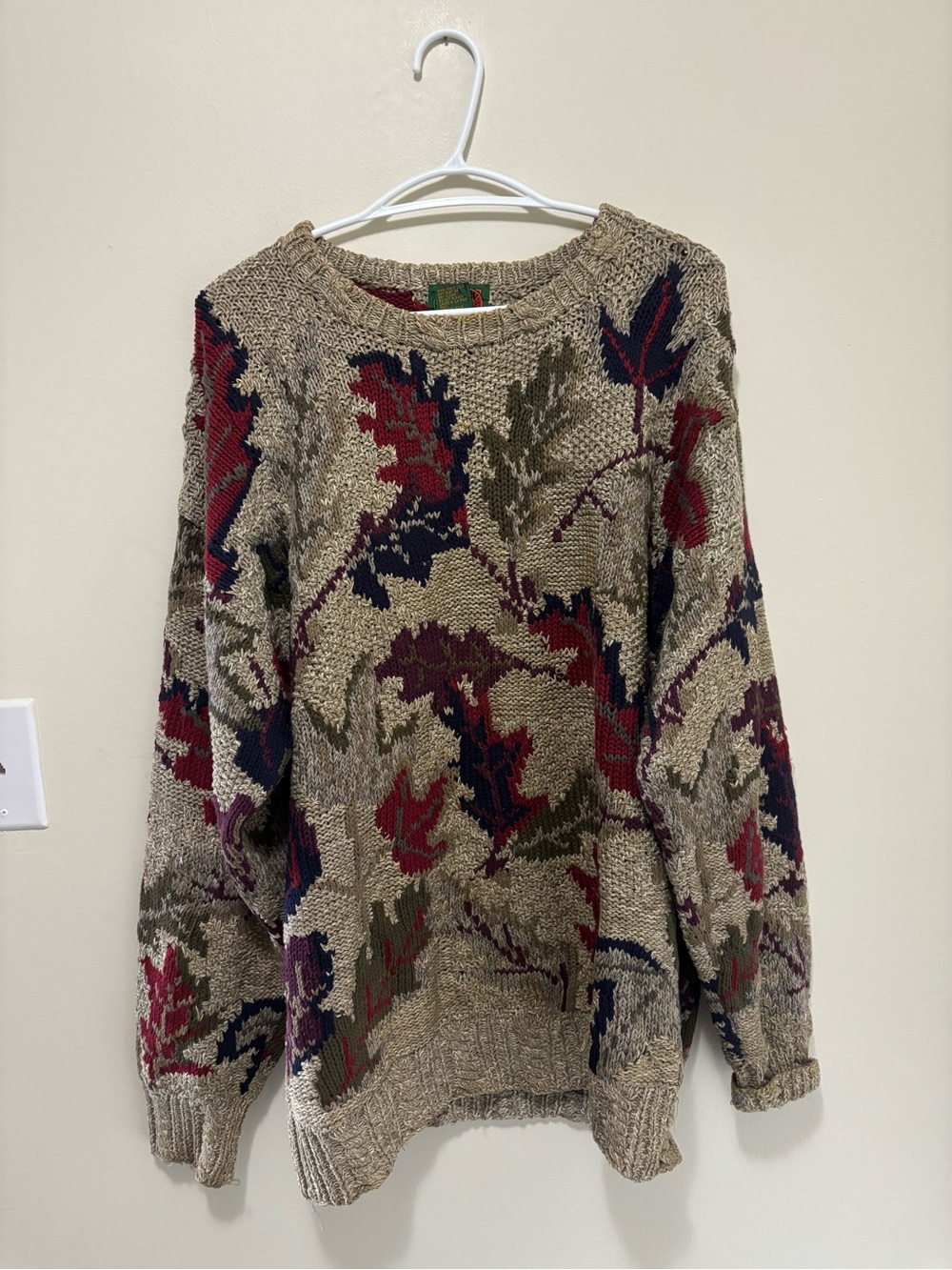 Vintage 90s Boston Traders Heavy Cotton Fall Leaf Pattern Crewneck Sweater